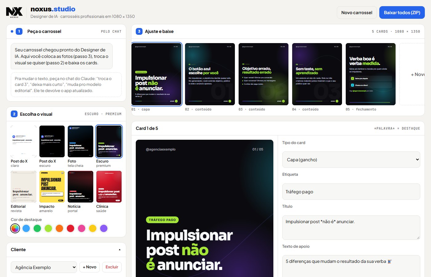 Tela do app noxus.studio com o carrossel pronto para ajustar e baixar